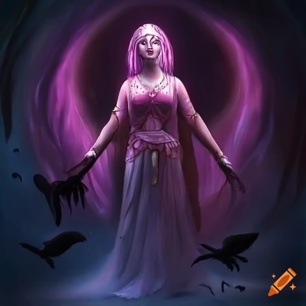 Artistic depiction of a mysterious crone in a graveyard