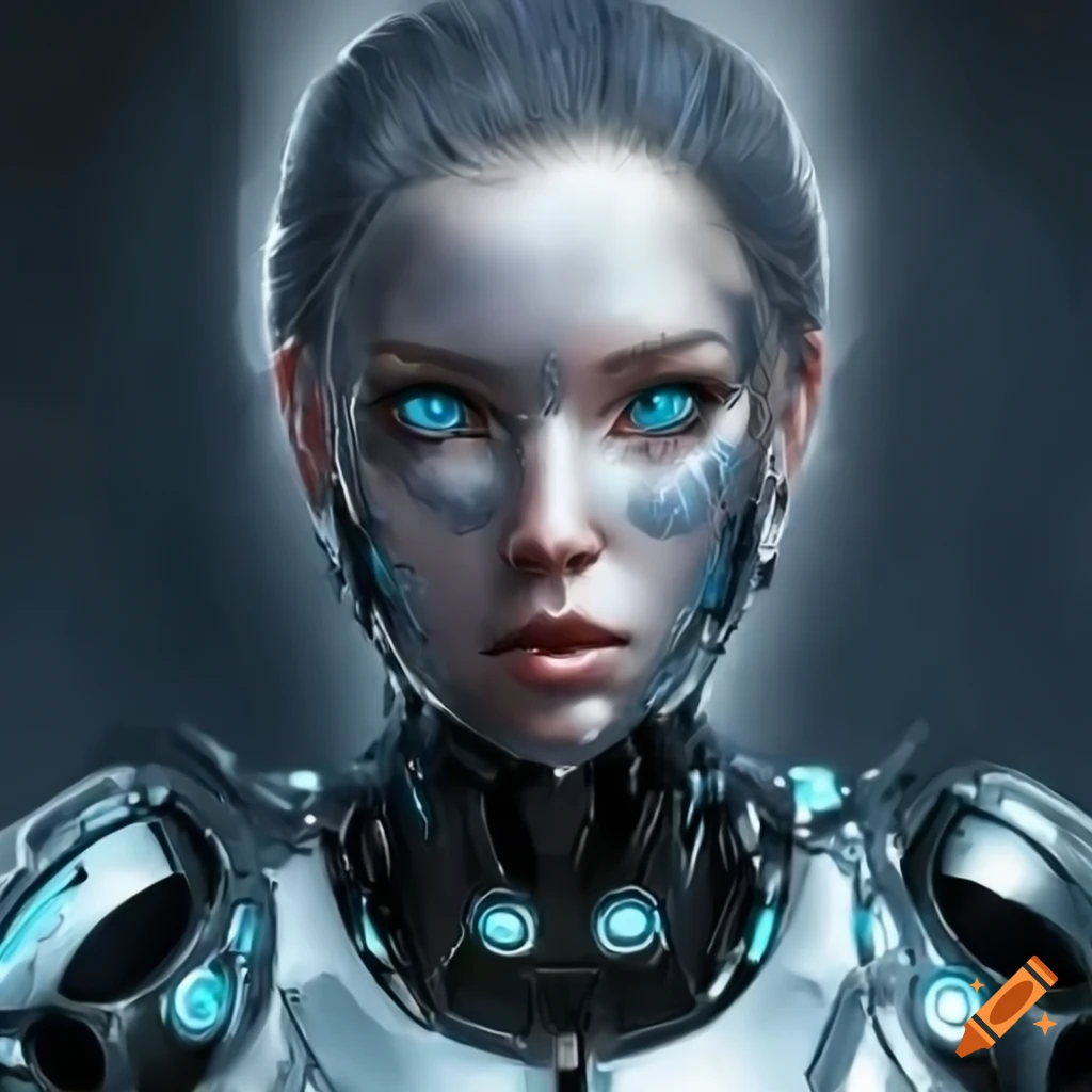 Image of a futuristic female cyborg with chrome armor on Craiyon