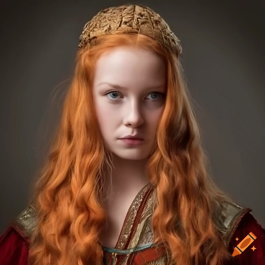 image of a woman in a Viking dress with red wavy hair