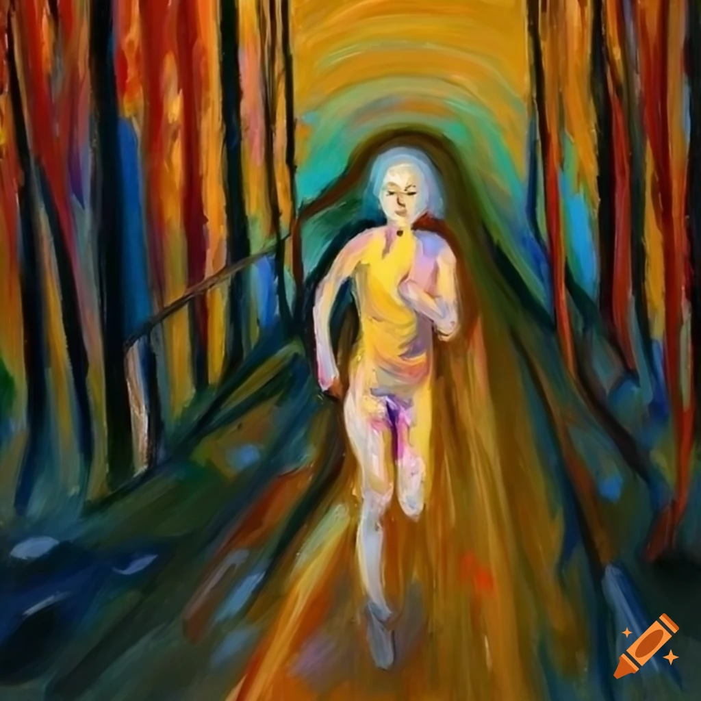 oil painting of a girl running in a forest with visible brush strokes
