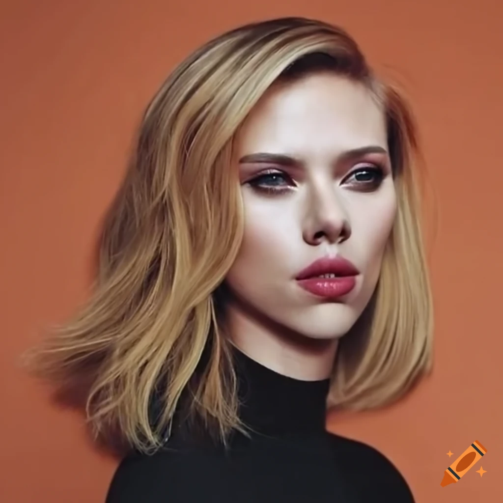 Scarlett Johansson with a black turtleneck and bob hairstyle