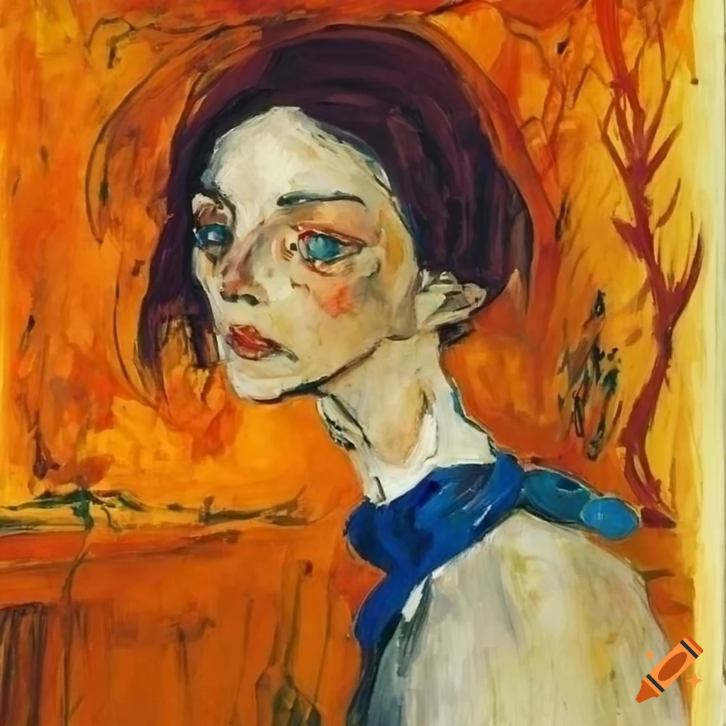 oil painting of a smiling girl in the style of Safet Zec, Schiele, Matisse, Robert Rauschenberg