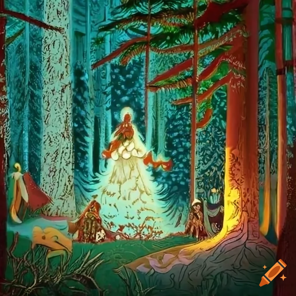 festive Christmas woodland illustration with Matryoshka dolls