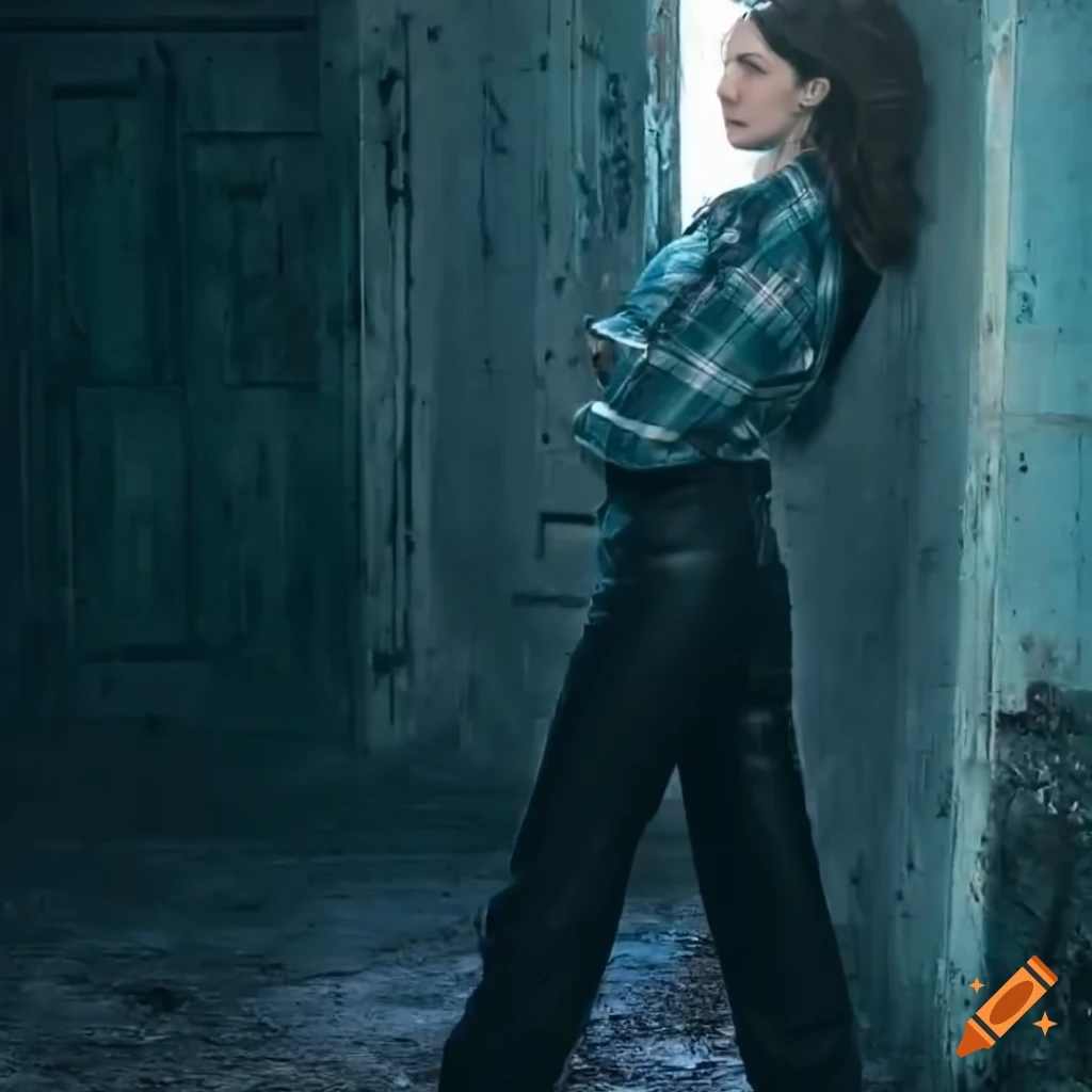 closeup portrait of a woman peeking through a door