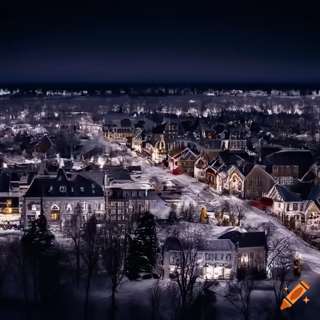 Aerial view of a suburban town on christmas eve