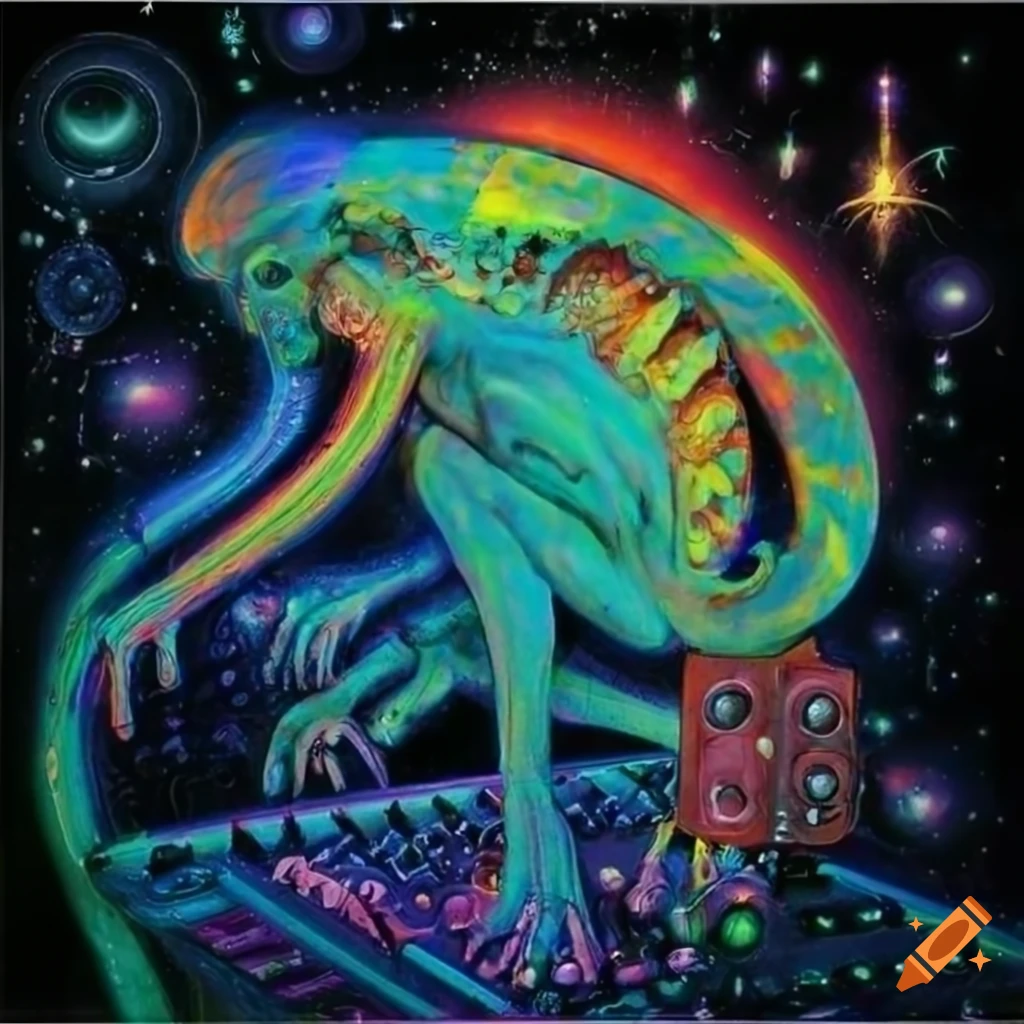 Vintage fantasy cover art of an alien playing analog synthesizer in ...