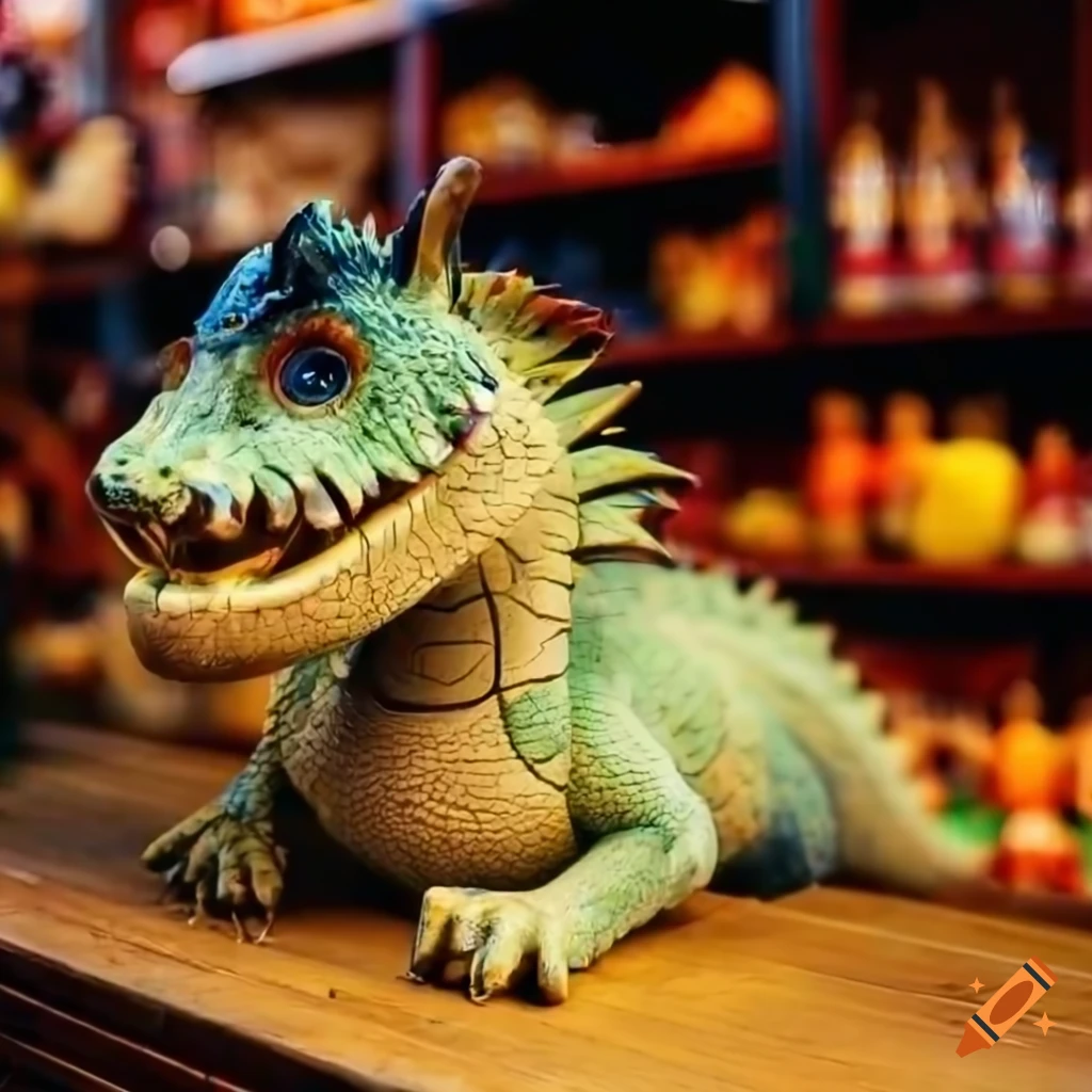 dragon sitting behind a shop counter