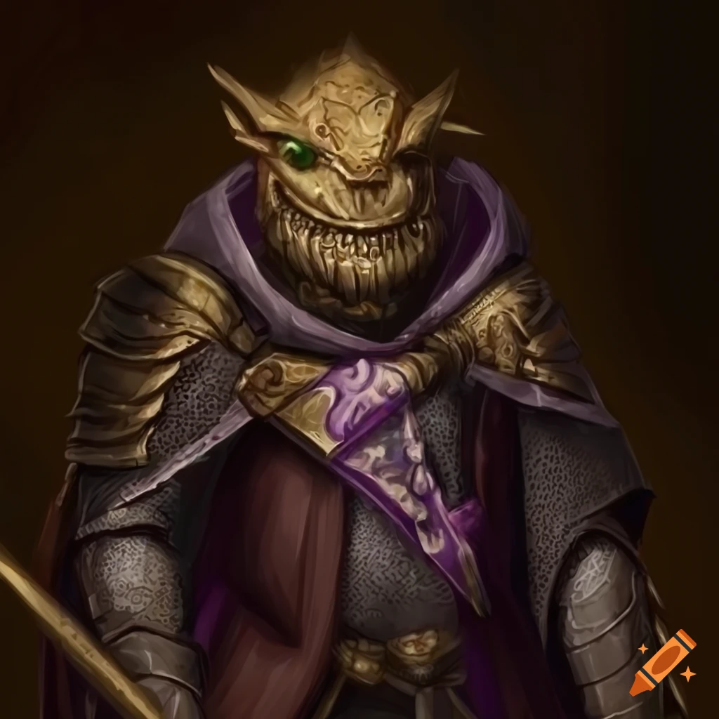 dragonborn paladin with fierce appearance and purple cape