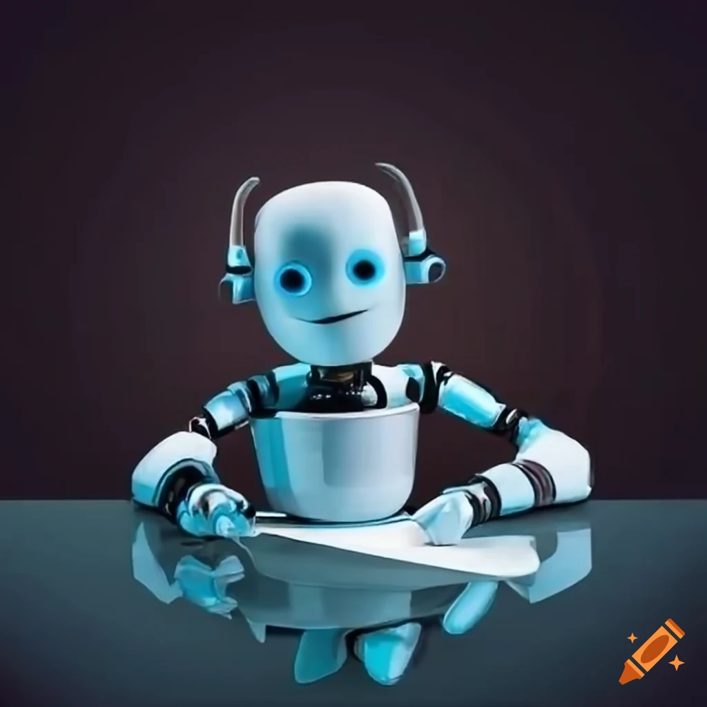 humorous depiction of a robot sitting in a coffee cup