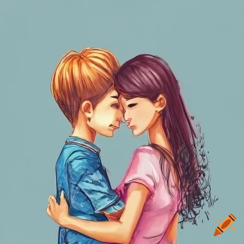romantic sketch of a boy hugging a girl at a railway station