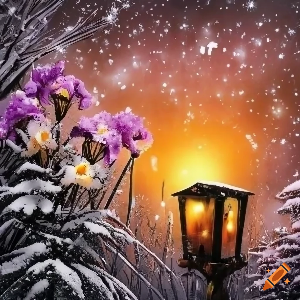 vue par la fenêtre d'une colline couverte de fleurs en hiver