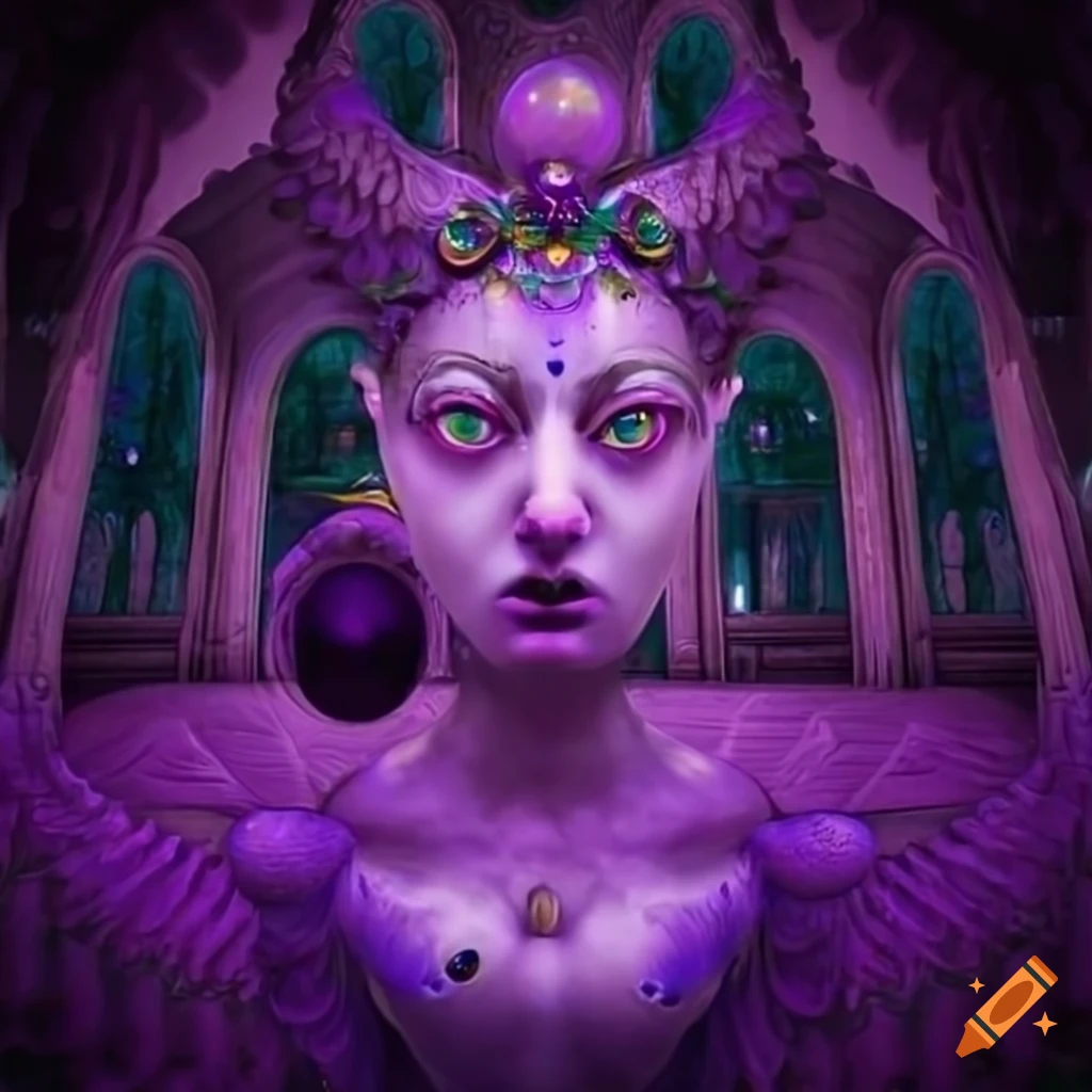 artwork of a rat-headed goddess in a purple palace