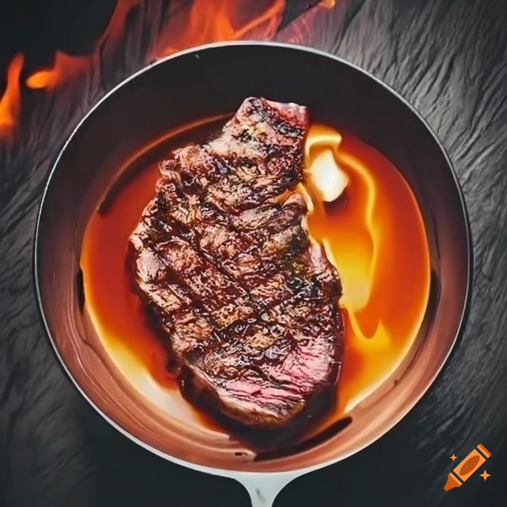logo of a sizzling steak cooking in a skillet over open flame