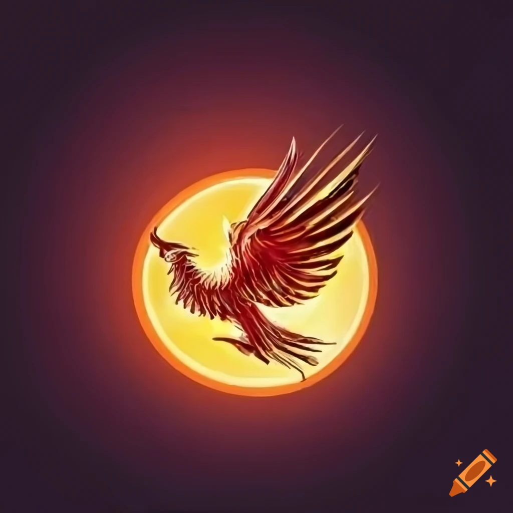 logo of a phoenix with a crown in front of the sun