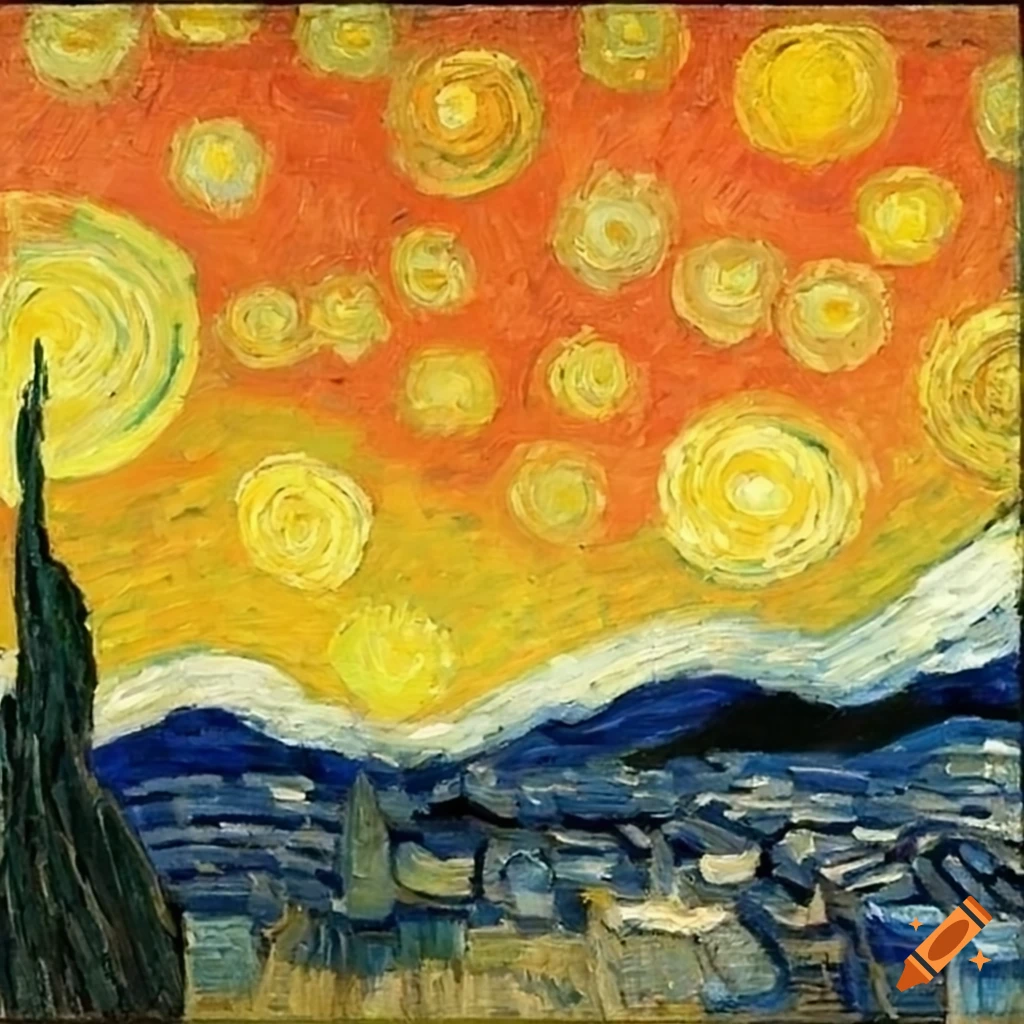 painting of a starry night with an orange sky
