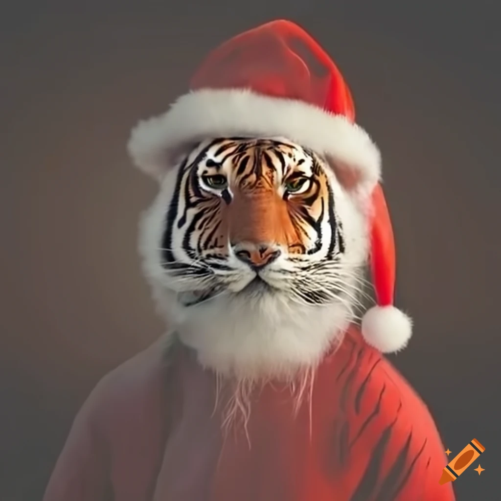 tiger dressed as Santa Claus