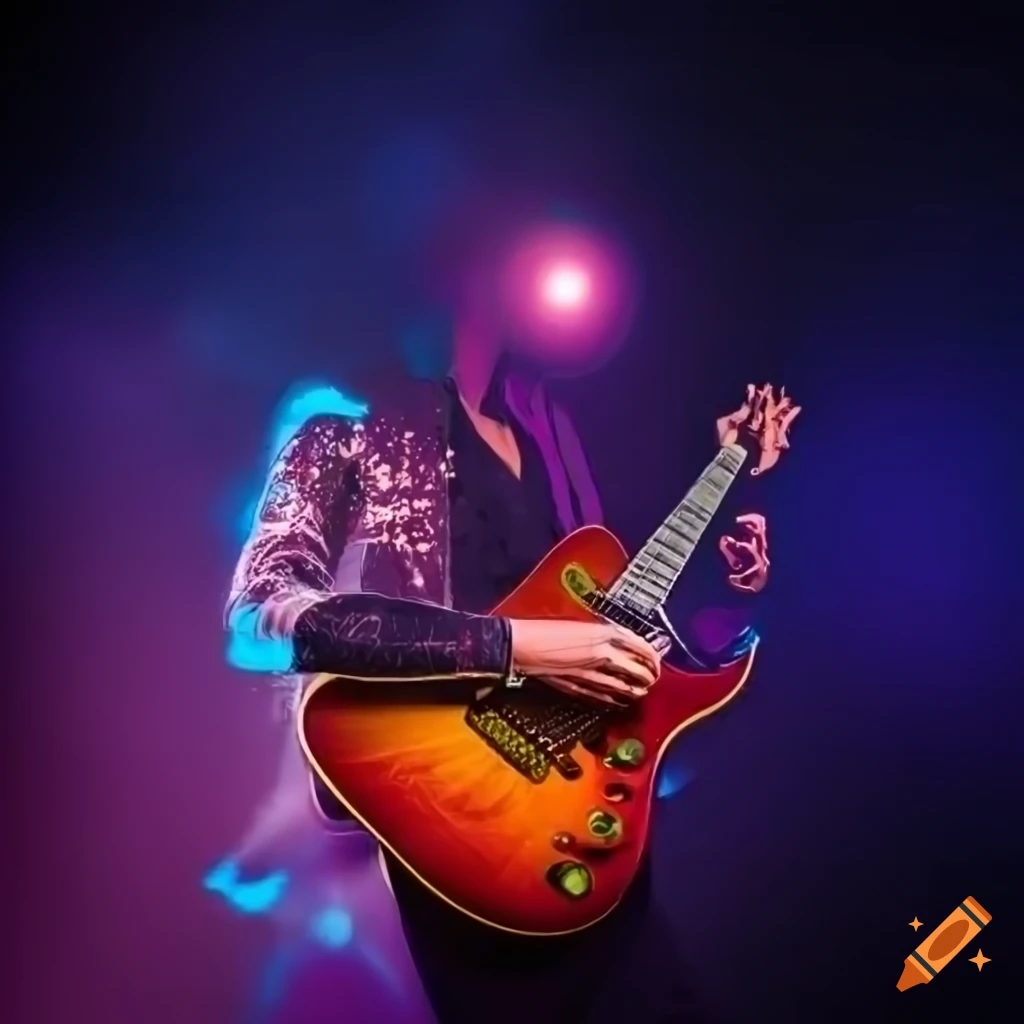 comic-style illustration of a guitarist performing on stage