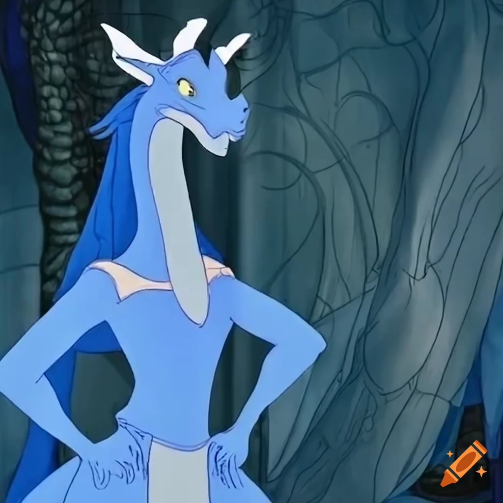 white dragoness wearing a blue dress in classic Disney style