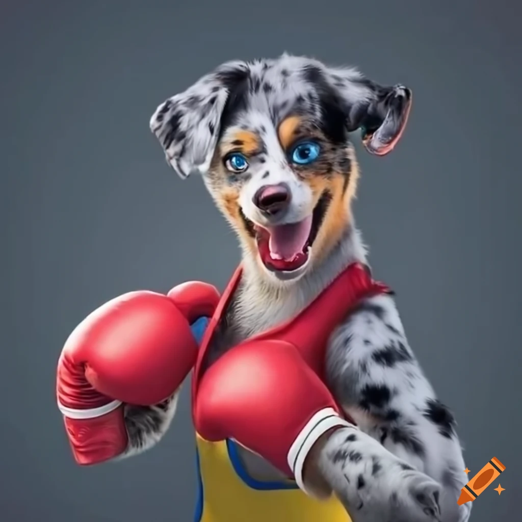 Australian shepherd dog boy in red boxing gloves and yellow wrestling singlet