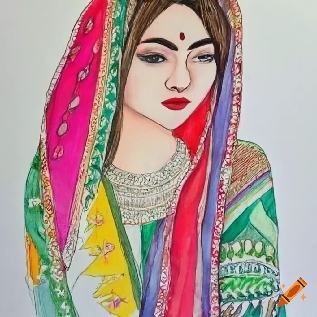 Painting illustration drawing color of one Rajasthani women in traditional  dress of red and green colors India Stock Photo - Alamy
