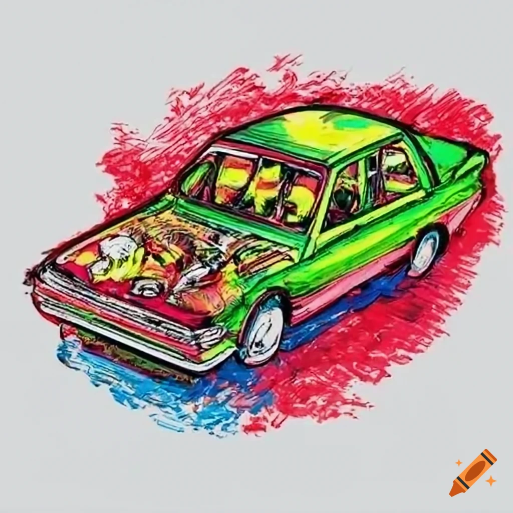 Illustration of a rat fink driving a classic hot rod