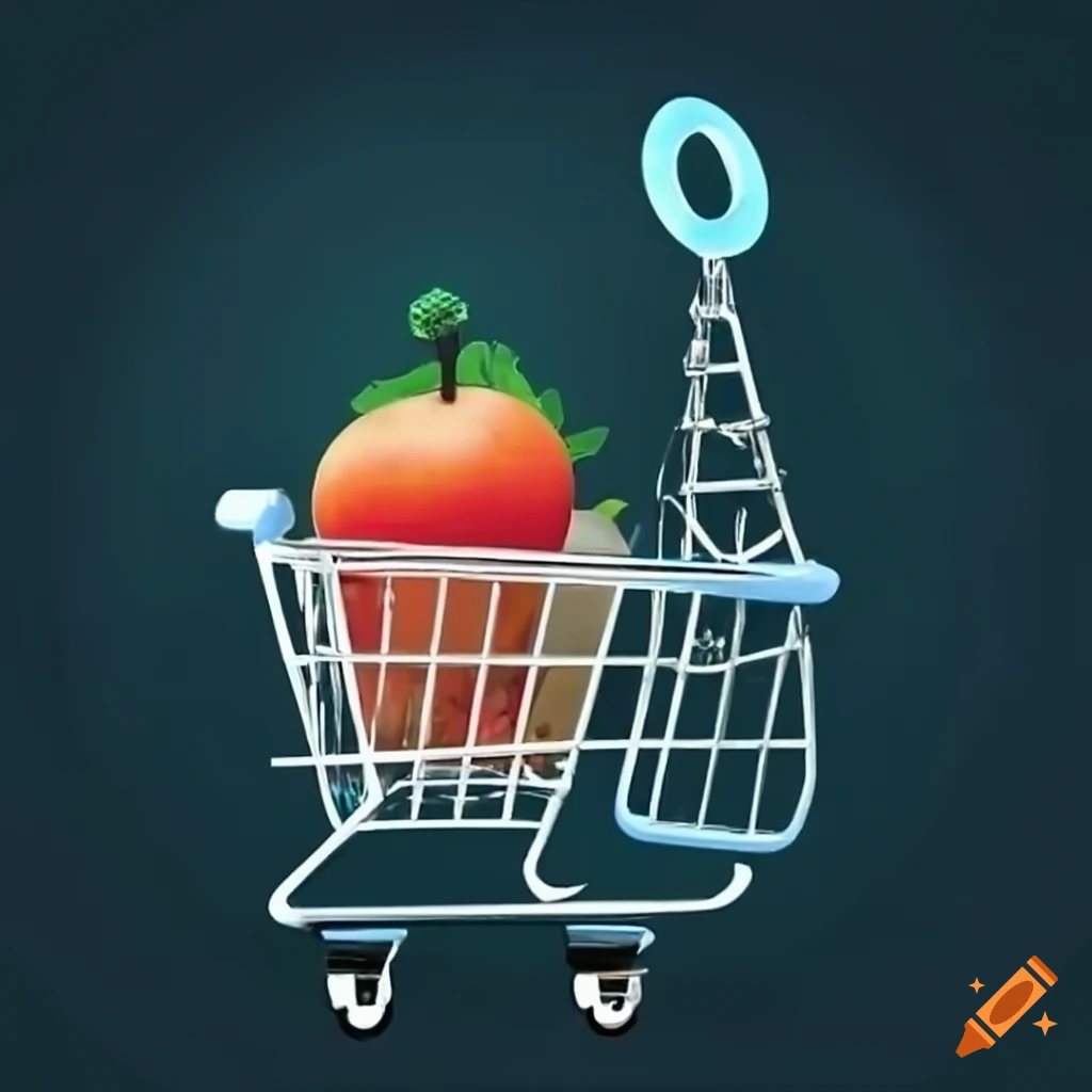 shopping cart with telecom antenna, train, truck, fruit, and meat