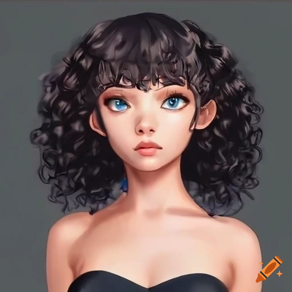 Anime Girl With Black Curly Hair And Blue Eyes On Craiyon 