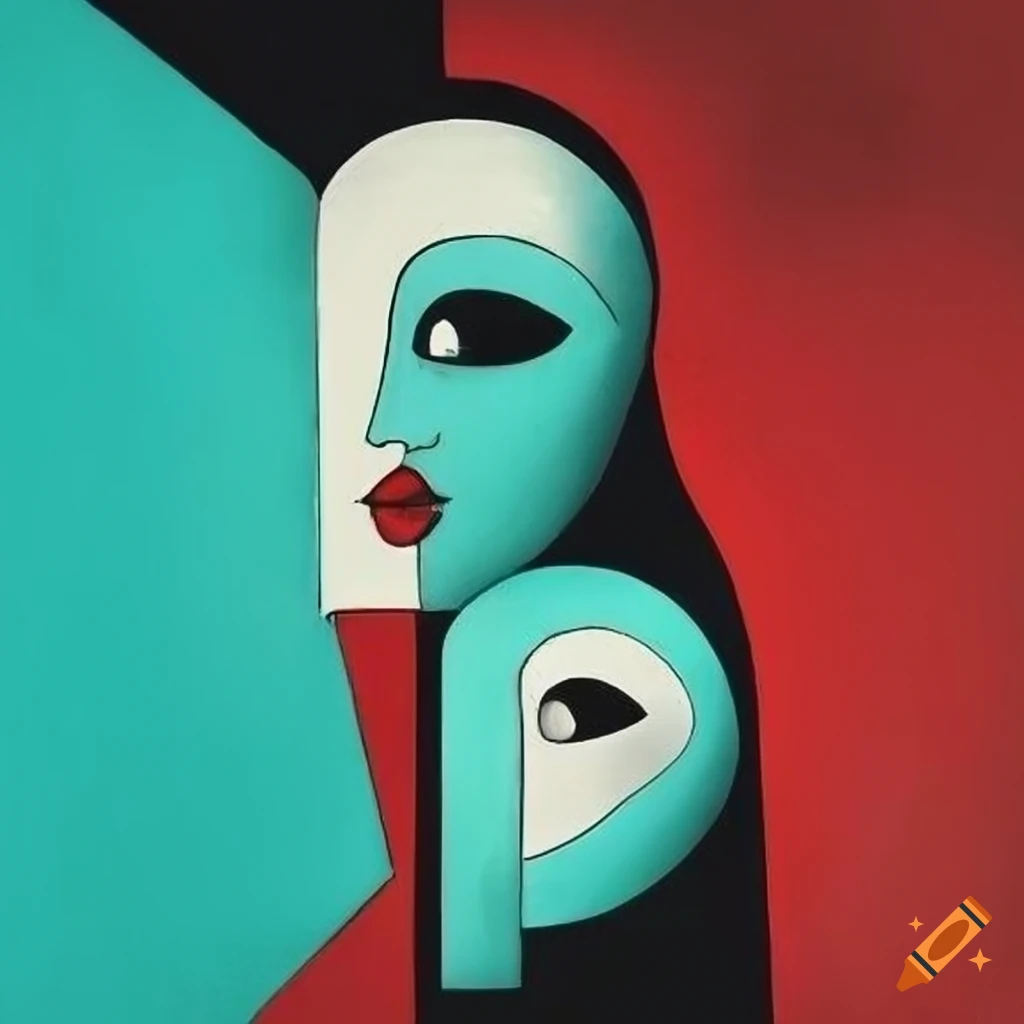 black and white surrealist cubist artwork with red, yellow, and turquoise accents