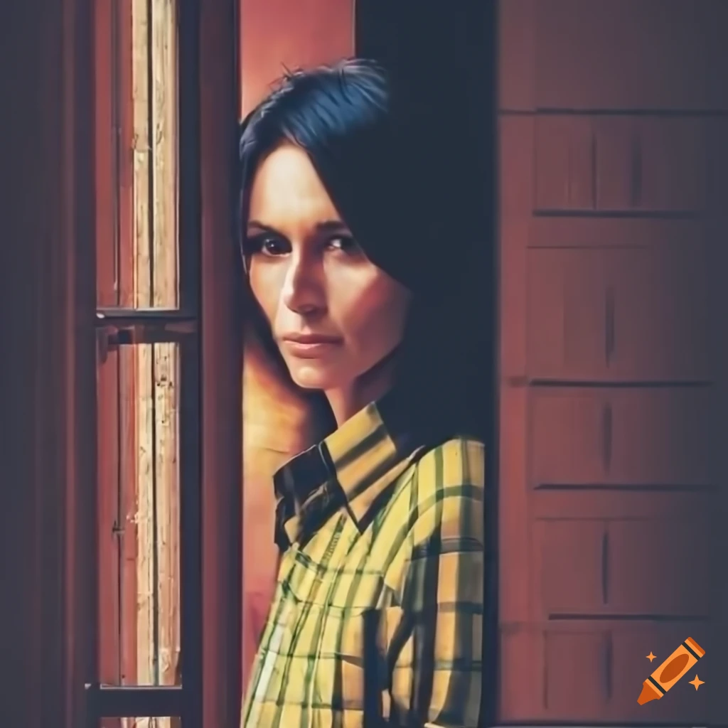Vintage-style portrait of a woman in a yellow plaid shirt