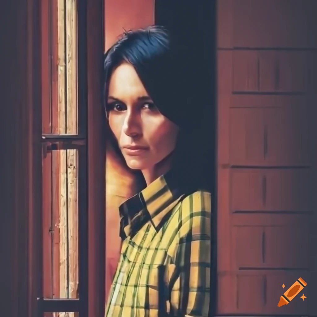 vintage-style portrait of a woman in a yellow plaid shirt