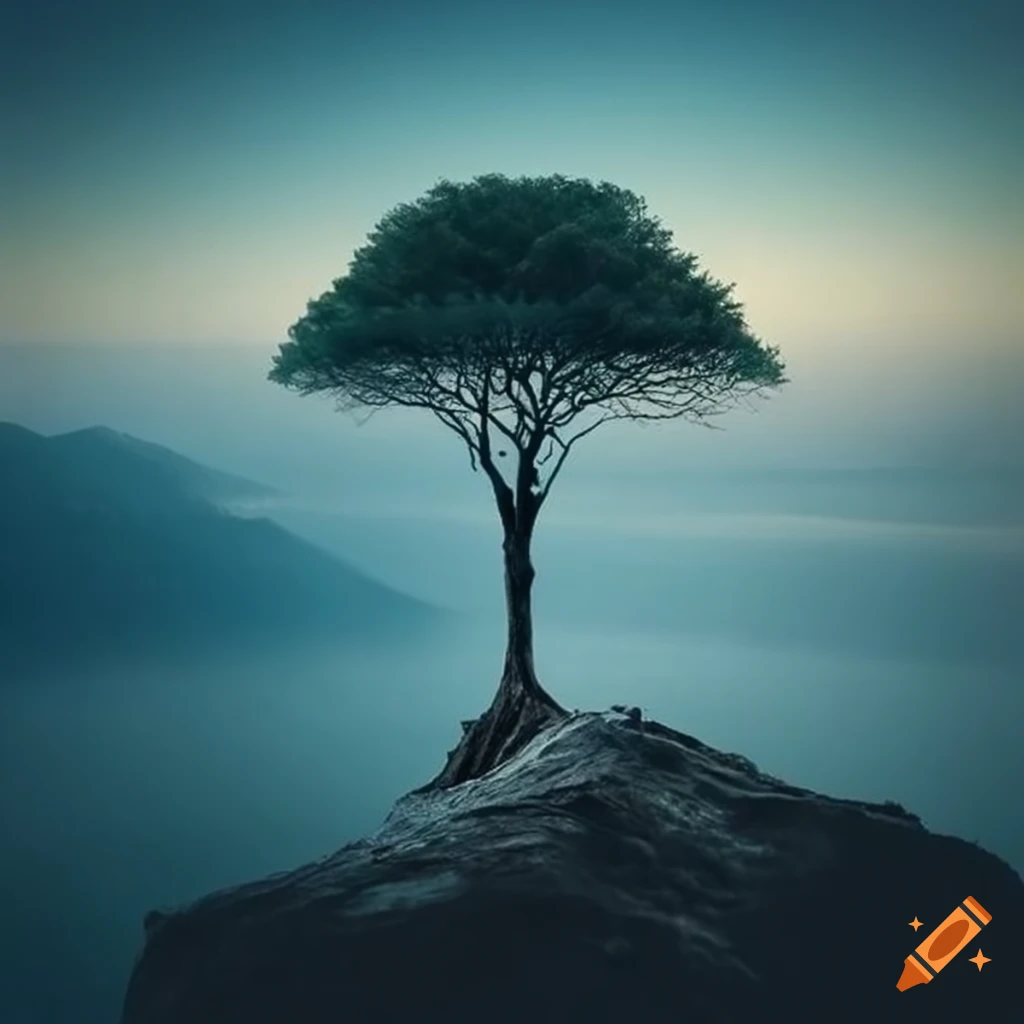 Mountain sunrise with a solitary tree on Craiyon