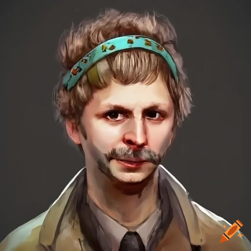 Disco elysium artystyle depiction of michael cera with headband