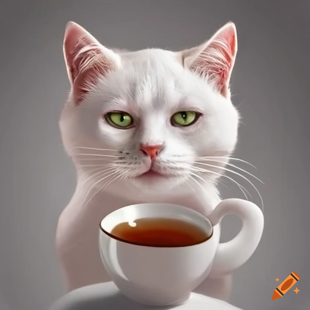 White cat enjoying a cup of tea