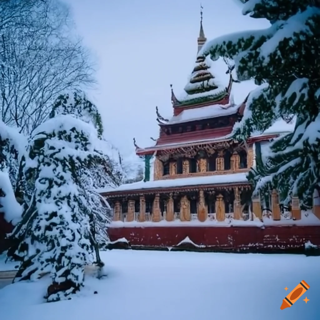 snow-covered traditional palace in Kachin style