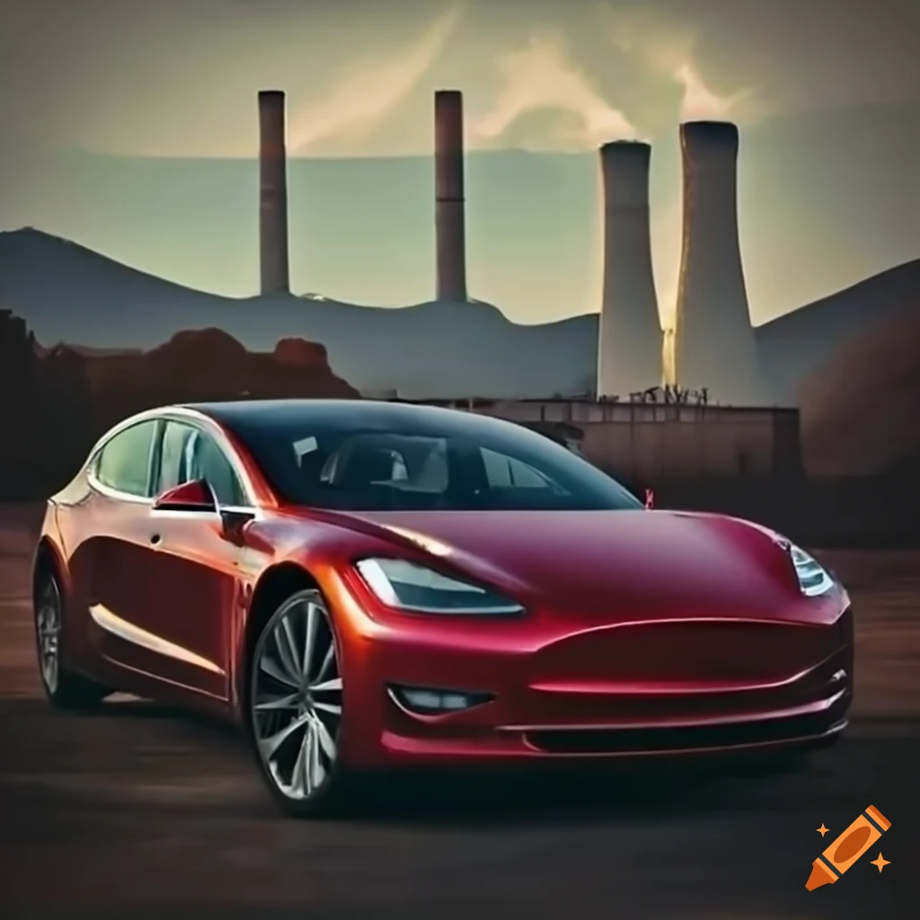 Tesla Car With Coal Power Plant In Background