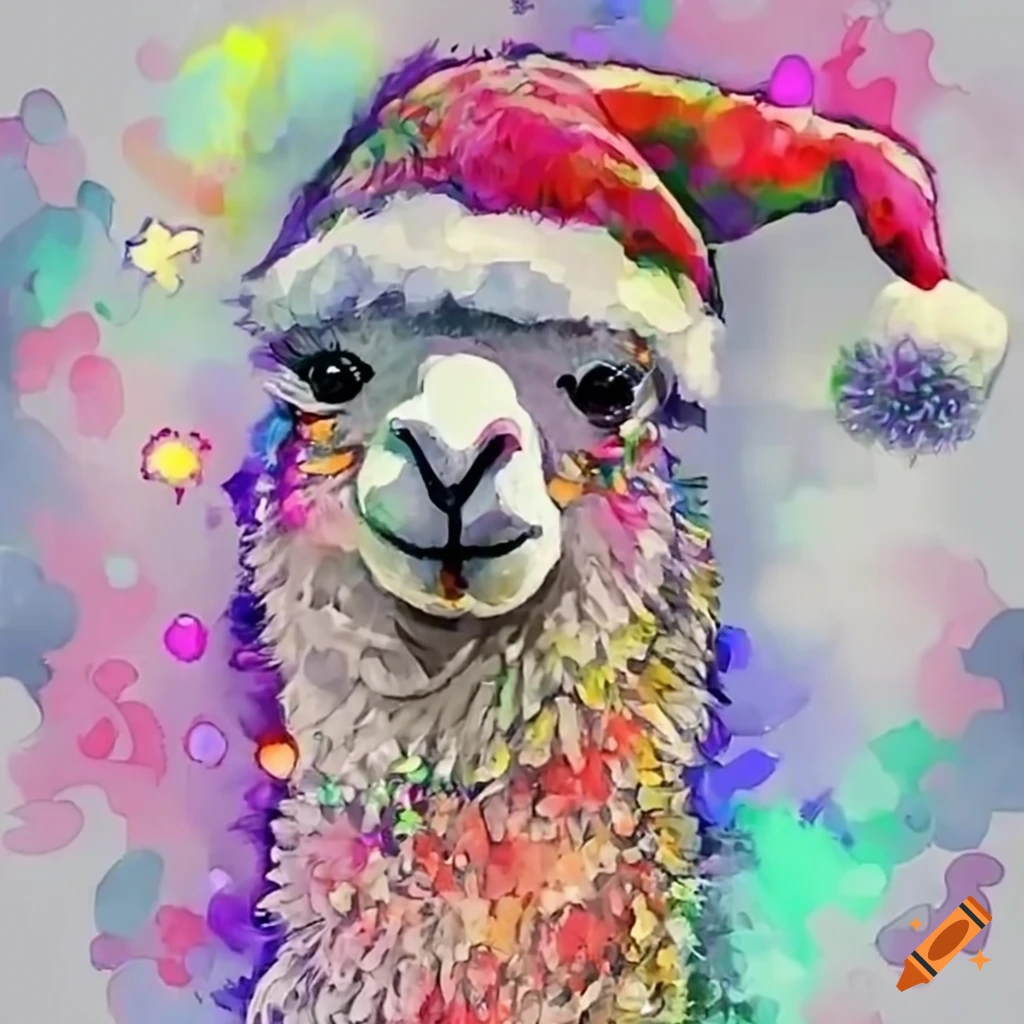 festive lama with santa hat and lights
