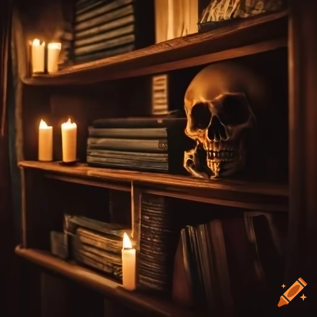 Dark bookshelf with books, skulls, and candles on Craiyon
