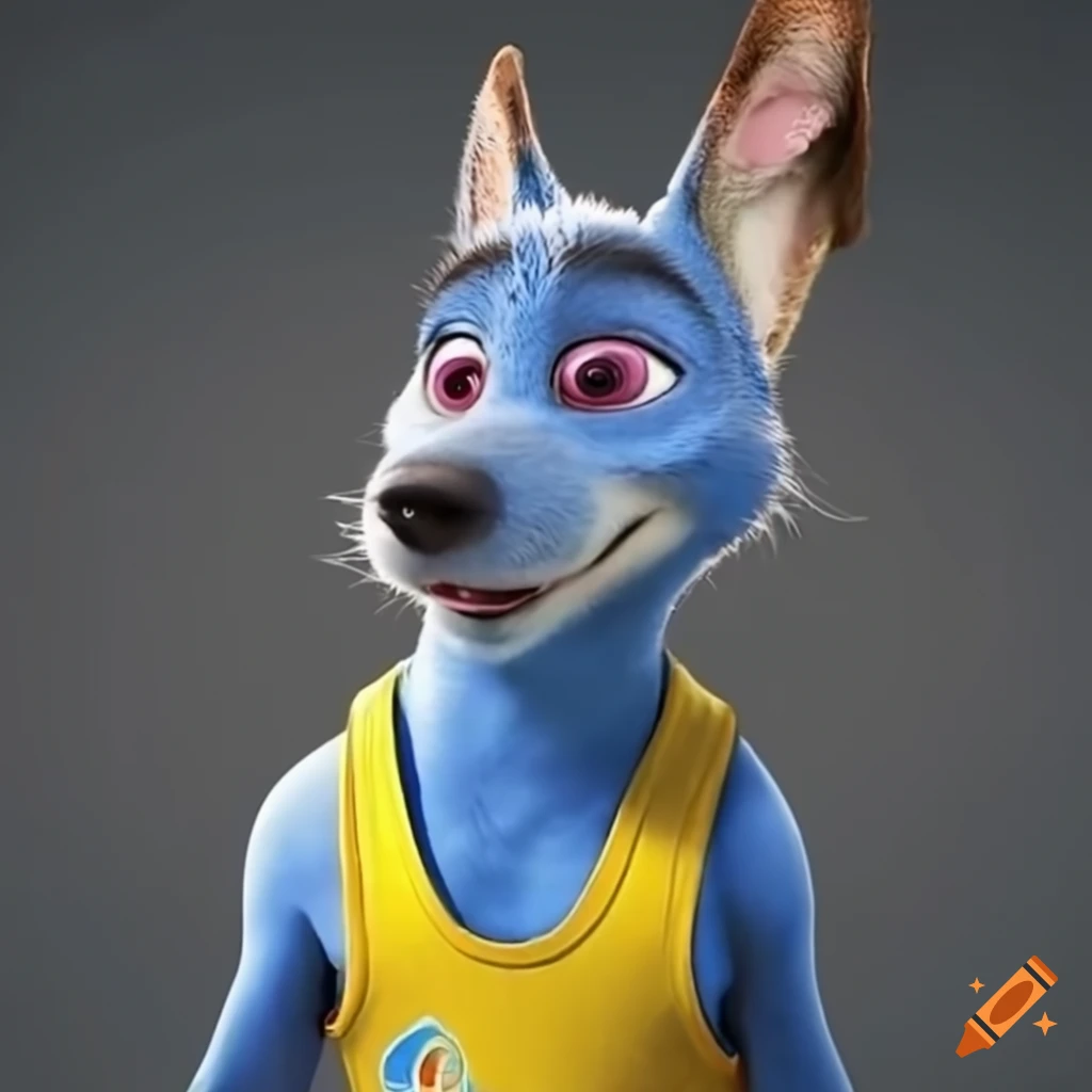 blue dog wearing boxing gloves and wrestling outfit
