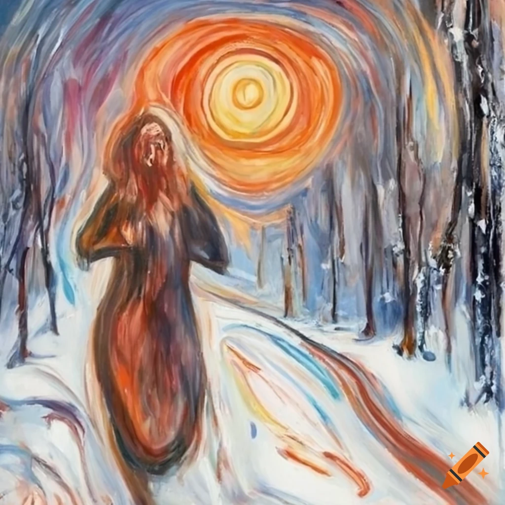Oil painting of a girl running in snowy forest
