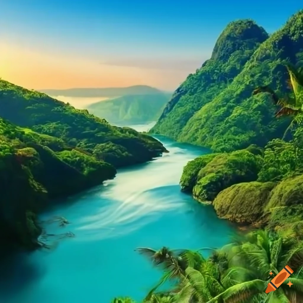 tropical beach with meandering river and lush hills