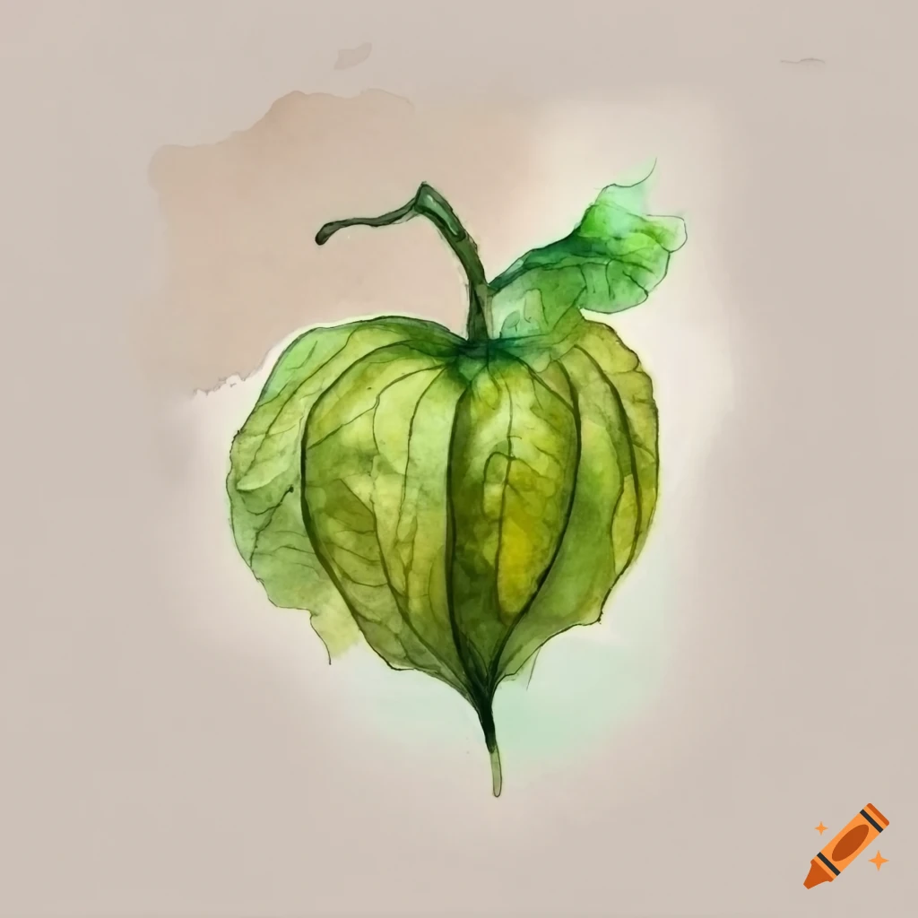 watercolor painting of a ripe green Physalis philadelphica
