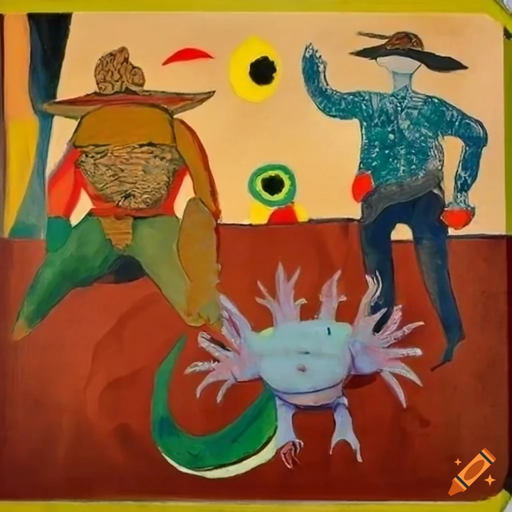 surreal artwork of a giant axolotl in a Wild-West rodeo