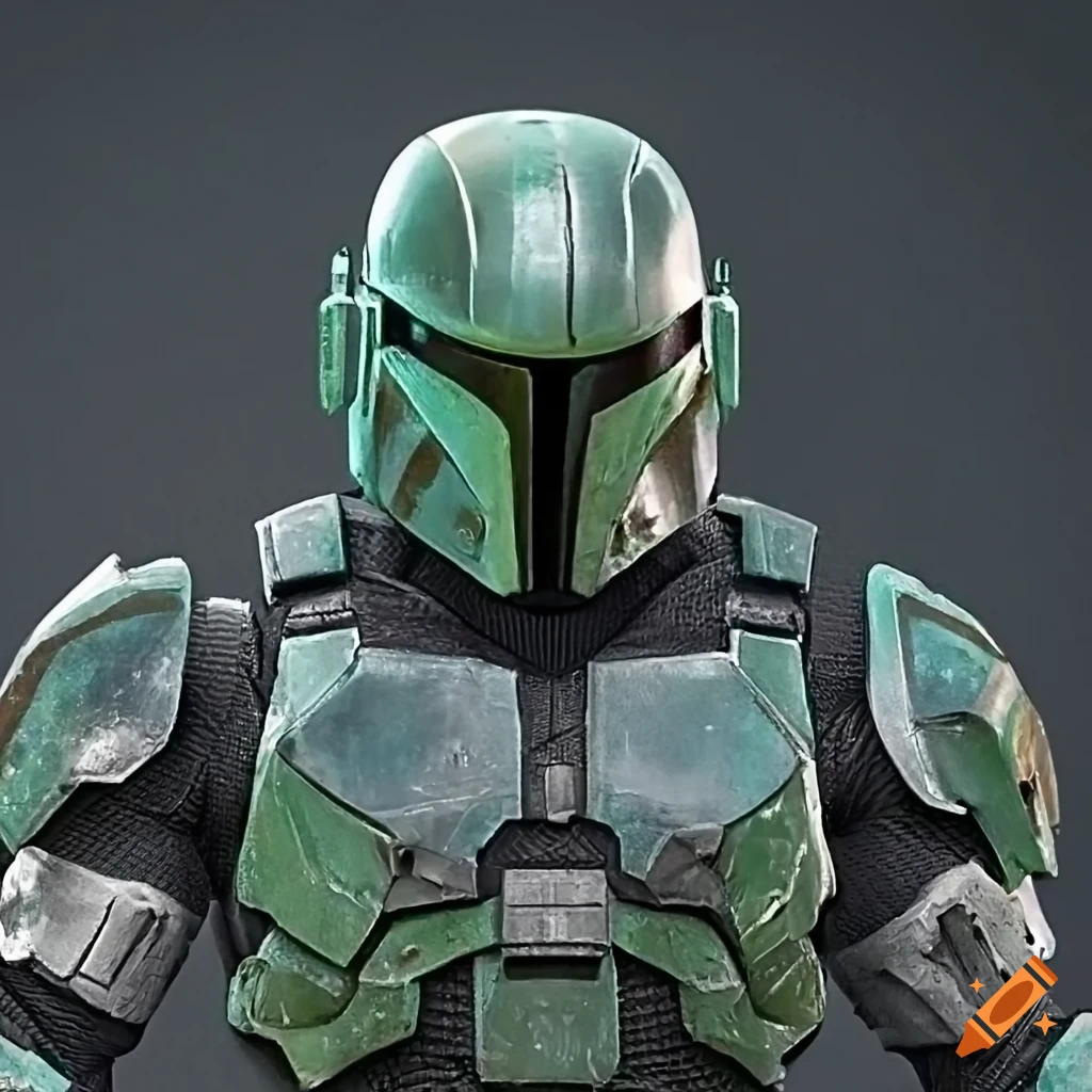 photo of a lone Mandalorian in green and grey armor