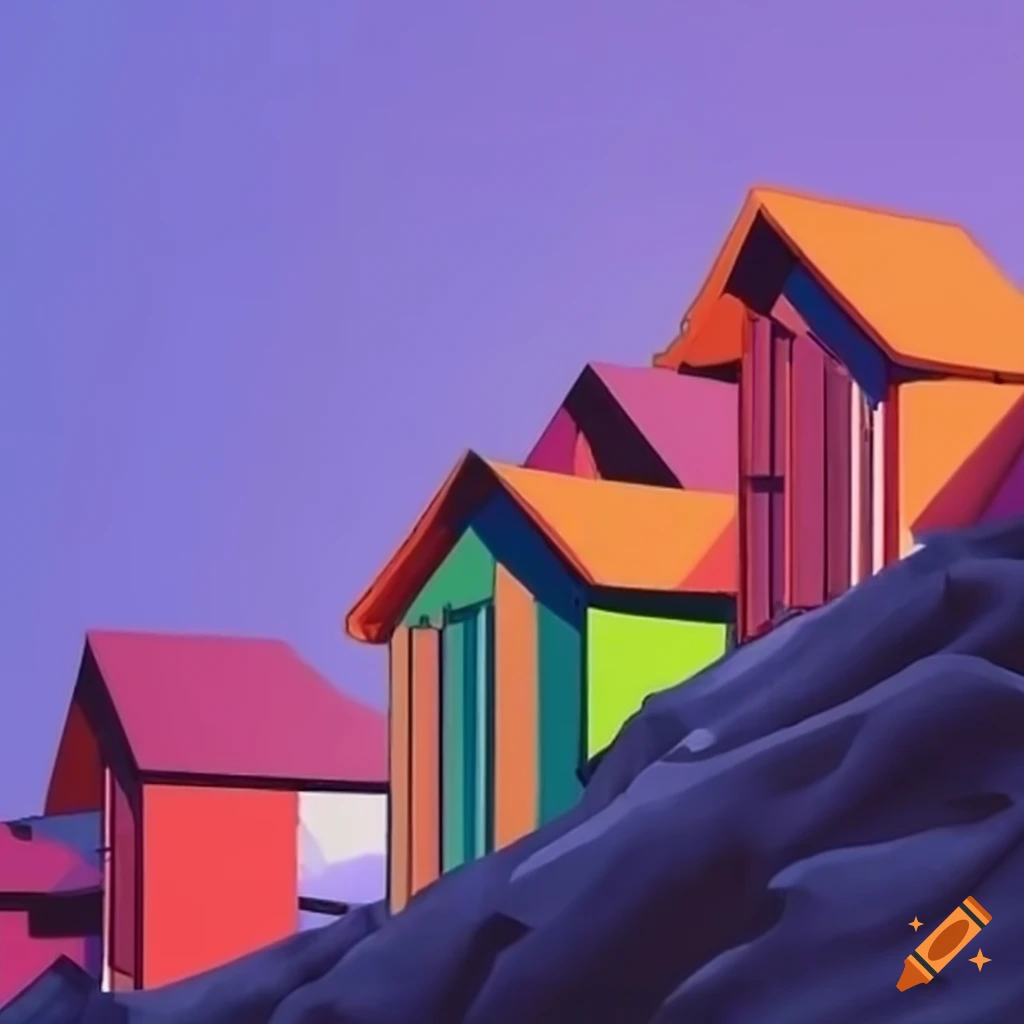 Colored houses against snowy mountain backdrop on Craiyon