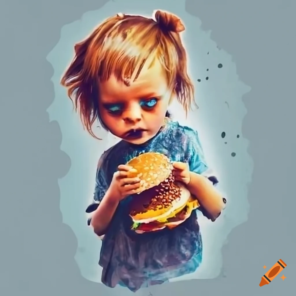 stencil art of a child eating a hamburger