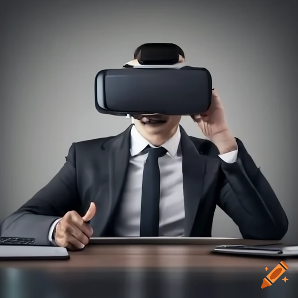 Businessperson wearing virtual reality glasses in office on Craiyon