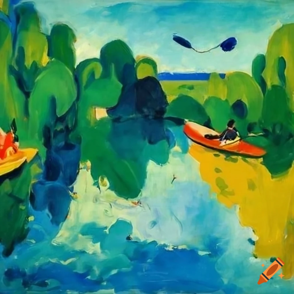 flat landscape with person kayaking in Matisse style