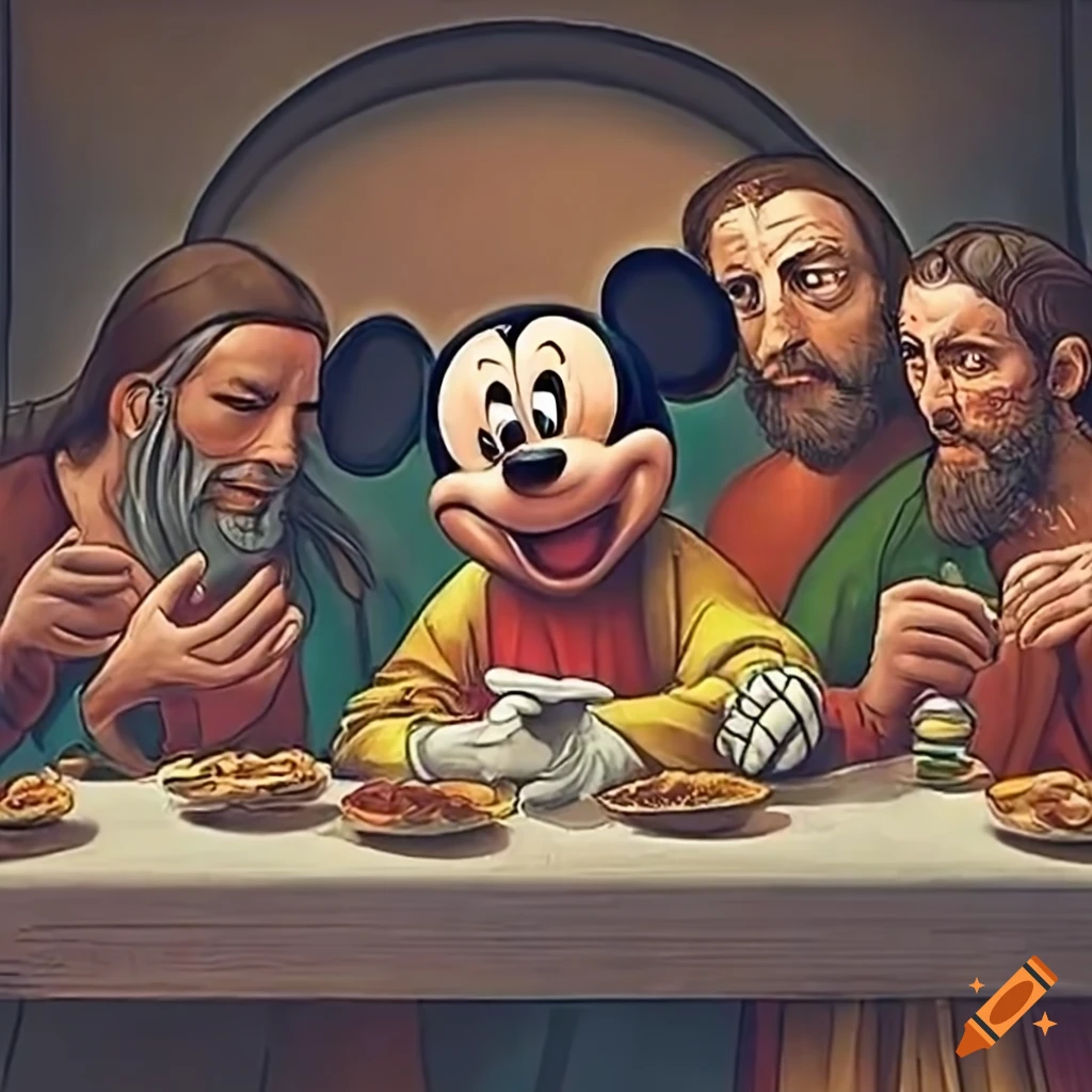 Satirical depiction of the last supper with mickey mouse characters
