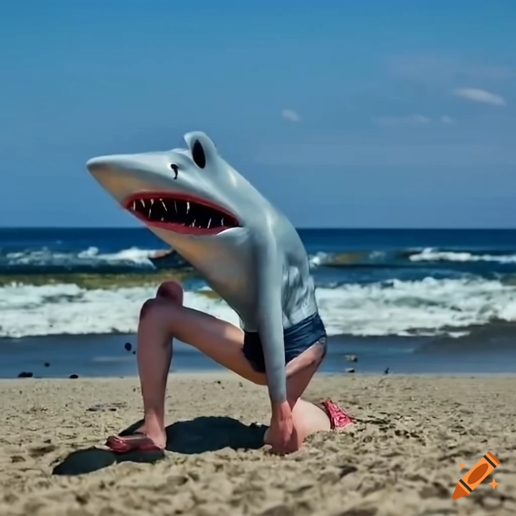 man in a latex shark mask chilling at the beach