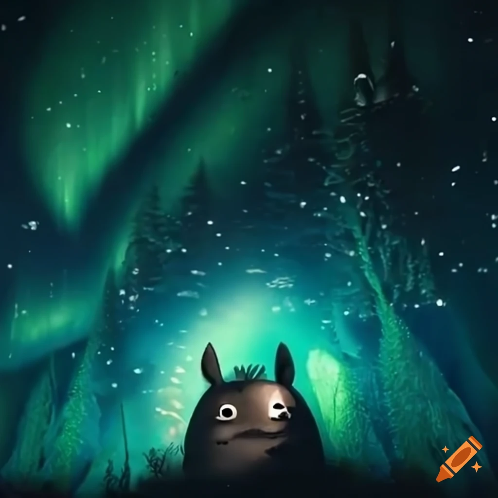 Diorama of moonlit forest with northern lights